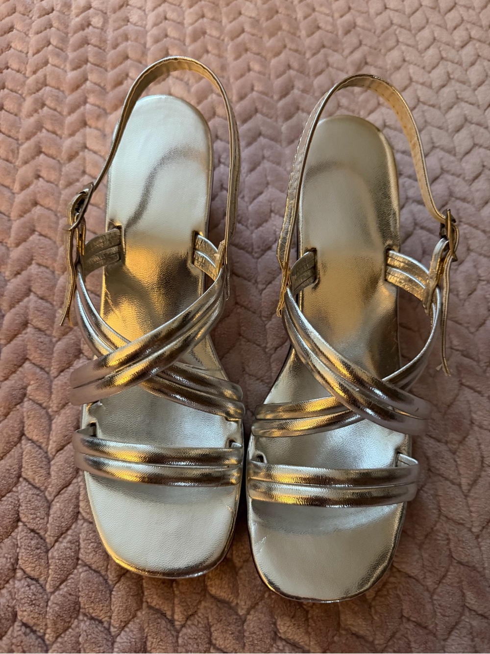 Metallic Silver Women’s Strappy Slingback Sandals Block Heel Sz 9